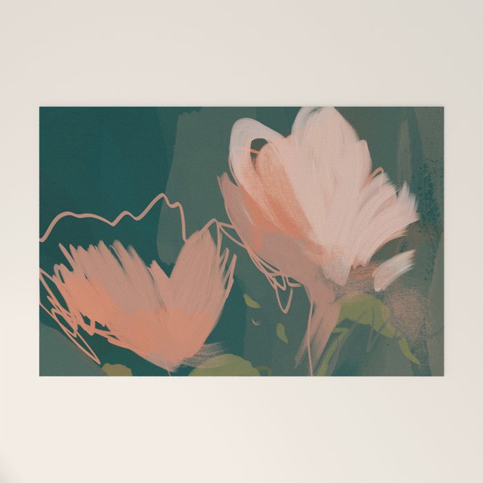 Pink Pastel Flowers On Green Canvas. Welcome Mat Gallery Image 1