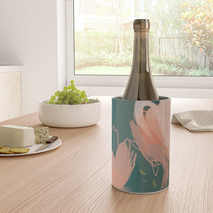 Pink Pastel Flowers On Green Canvas. Wine Chiller Gallery Image 4
