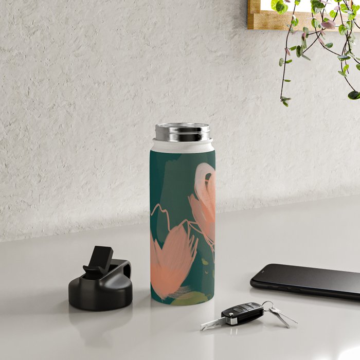 Pink Pastel Flowers On Green Canvas. Water Bottle Gallery Image 4