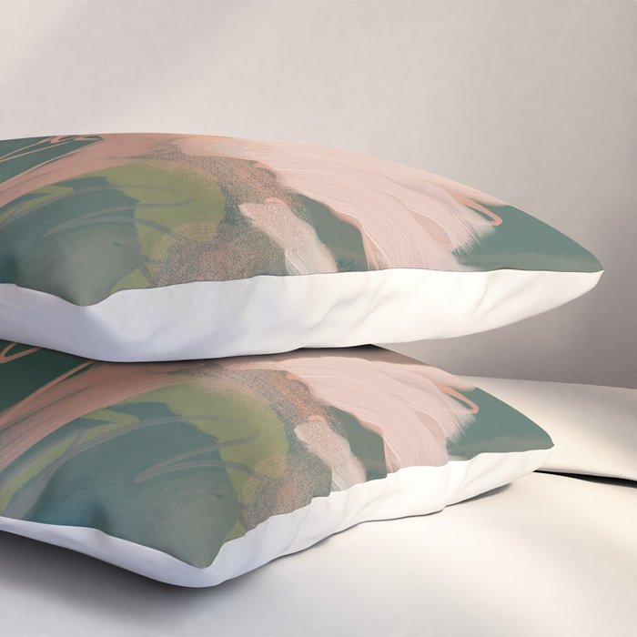 Pink Pastel Flowers On Green Canvas. Pillow Sham Gallery Image 3