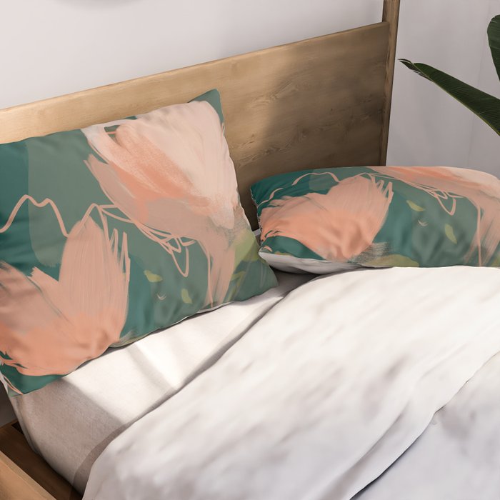 Pink Pastel Flowers On Green Canvas. Pillow Sham Gallery Image 2