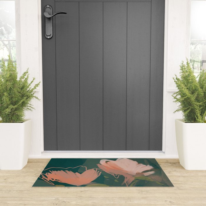 Pink Pastel Flowers On Green Canvas. Welcome Mat Gallery Image 3