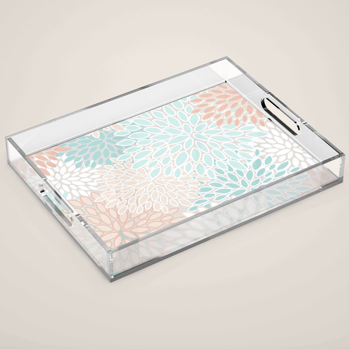 Floral Prints, Soft, Peach and Teal, Modern Print Art Acrylic Tray Gallery Image 1