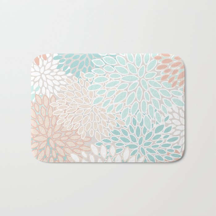 Floral Prints, Soft, Peach and Teal, Modern Print Art Bath Mat Gallery Image 1