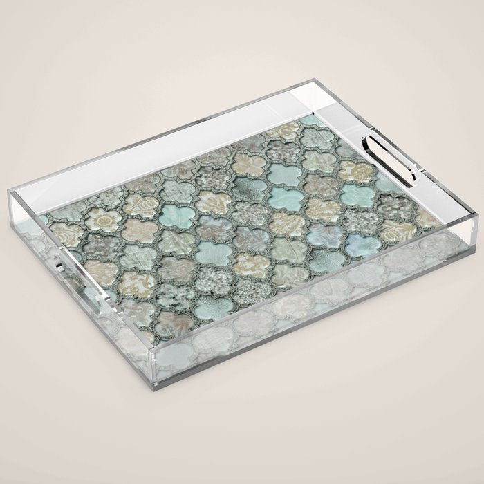 Old Moroccan Tiles Pattern Teal Beige Distressed Style Acrylic Tray Gallery Image 1