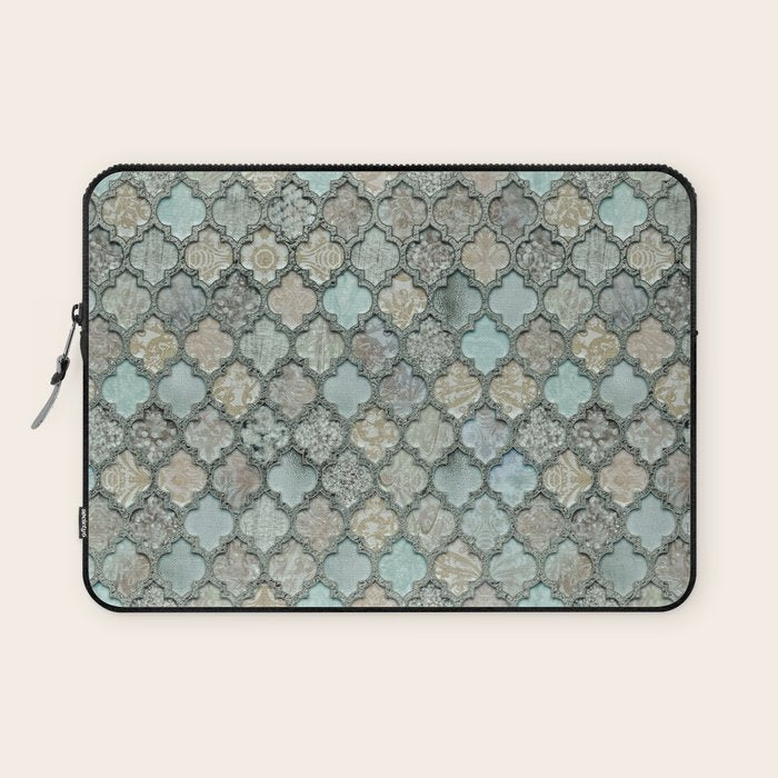 Old Moroccan Tiles Pattern Teal Beige Distressed Style Laptop Sleeve Gallery Image 1