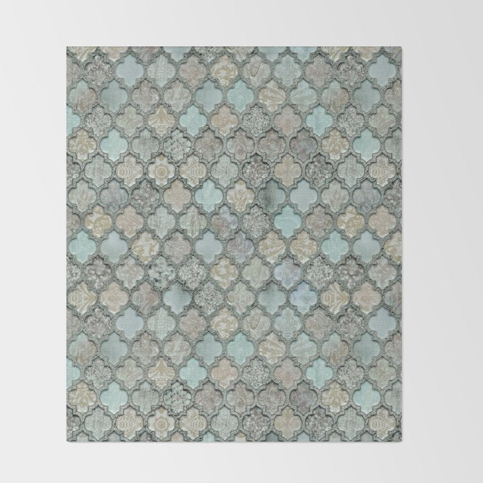 Old Moroccan Tiles Pattern Teal Beige Distressed Style Throw Blanket Gallery Image 2