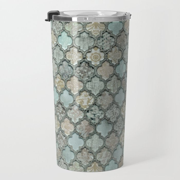 Old Moroccan Tiles Pattern Teal Beige Distressed Style Travel Mug Gallery Image 3