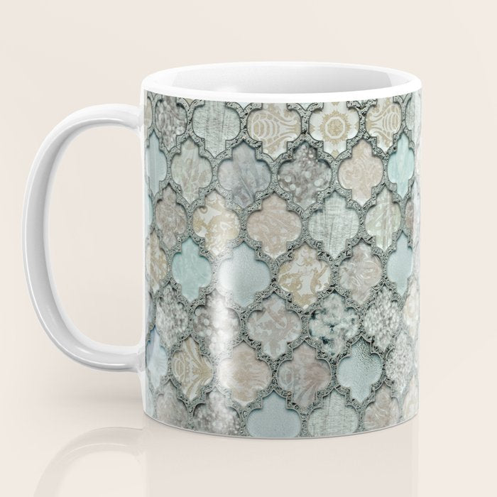 Old Moroccan Tiles Pattern Teal Beige Distressed Style Coffee Mug Gallery Image 3