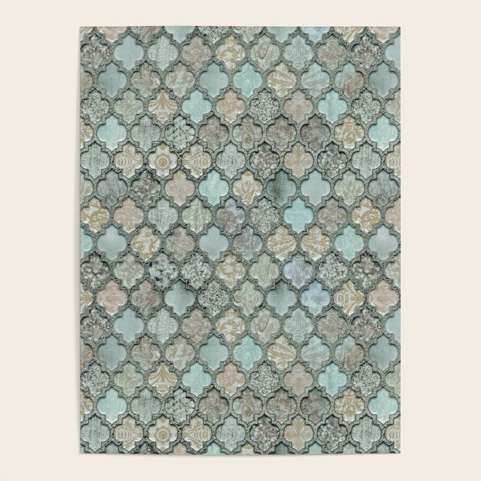 Old Moroccan Tiles Pattern Teal Beige Distressed Style Poster Gallery Image 1