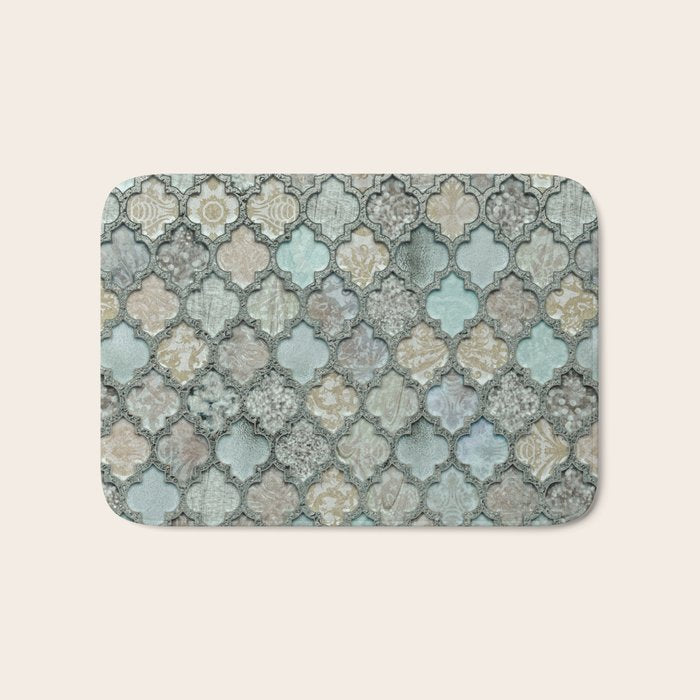 Old Moroccan Tiles Pattern Teal Beige Distressed Style Bath Mat Gallery Image 1