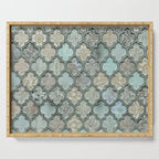 Old Moroccan Tiles Pattern Teal Beige Distressed Style Serving Tray Gallery Image 1