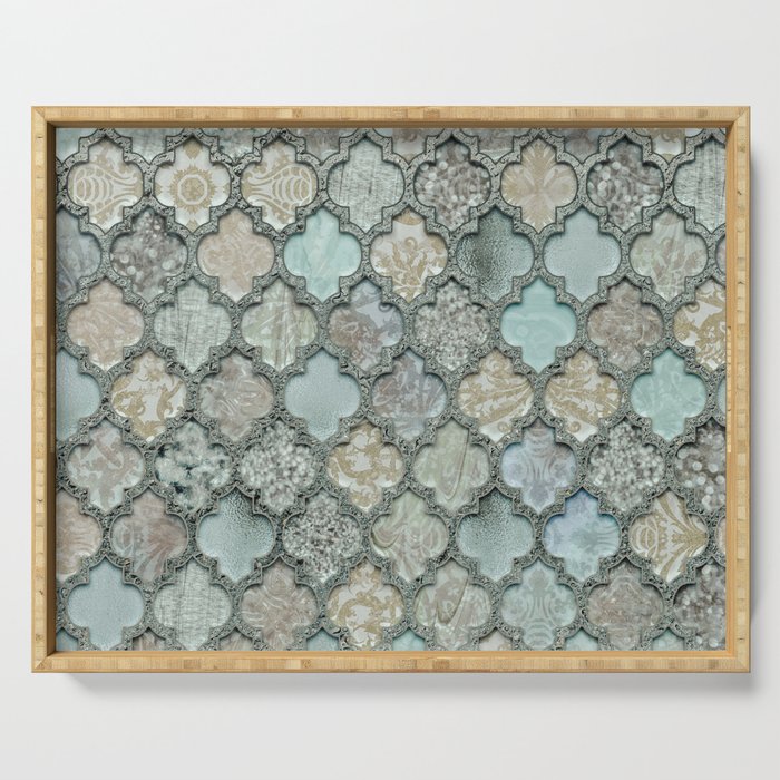 Old Moroccan Tiles Pattern Teal Beige Distressed Style Serving Tray Gallery Image 1