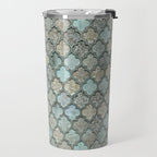 Old Moroccan Tiles Pattern Teal Beige Distressed Style Travel Mug Gallery Image 2