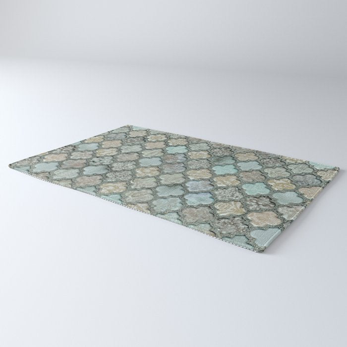 Old Moroccan Tiles Pattern Teal Beige Distressed Style Rug Gallery Image 3