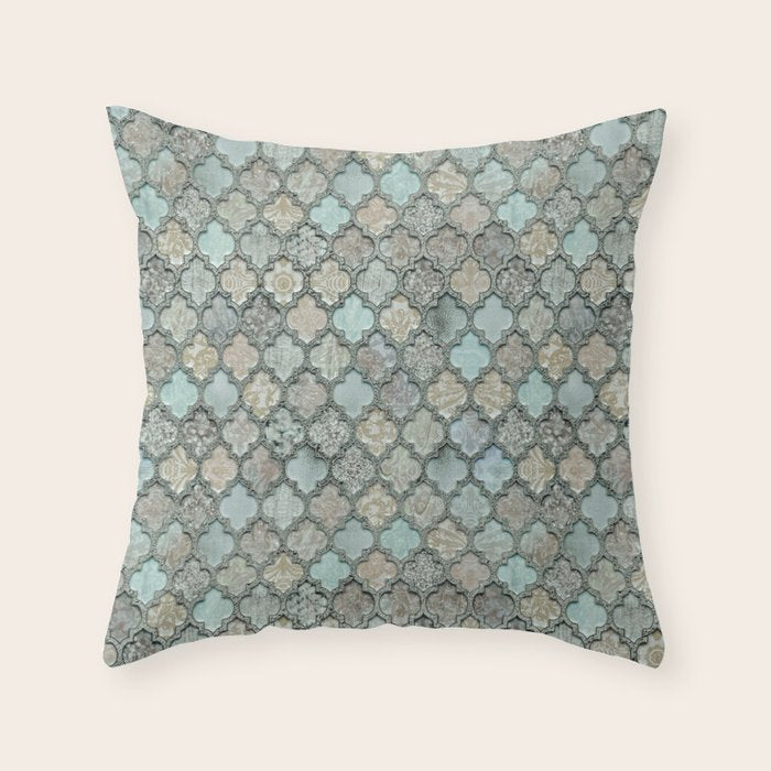 Old Moroccan Tiles Pattern Teal Beige Distressed Style Throw Pillow Gallery Image 6