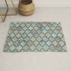 Old Moroccan Tiles Pattern Teal Beige Distressed Style Rug Gallery Image 1