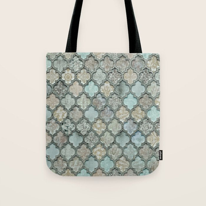 Old Moroccan Tiles Pattern Teal Beige Distressed Style Tote Bag Gallery Image 1