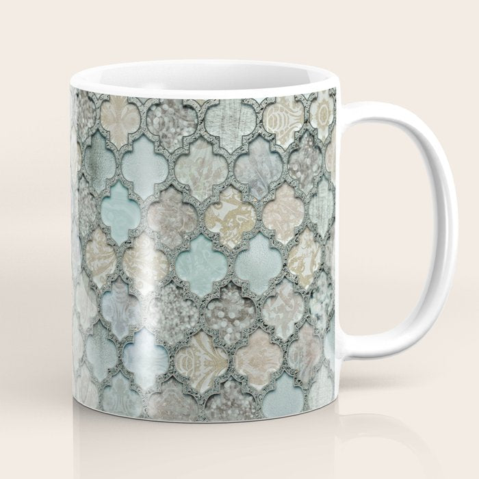 Old Moroccan Tiles Pattern Teal Beige Distressed Style Coffee Mug Gallery Image 1