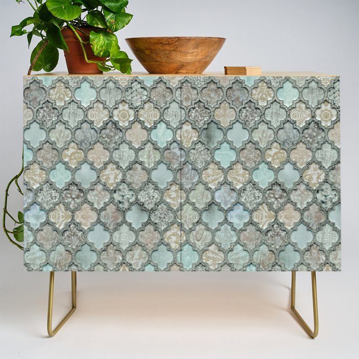 Old Moroccan Tiles Pattern Teal Beige Distressed Style Credenza Gallery Image 1