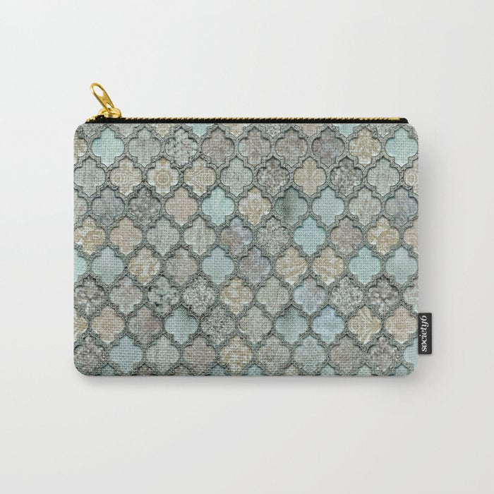 Old Moroccan Tiles Pattern Teal Beige Distressed Style Carry All Pouch Gallery Image 1