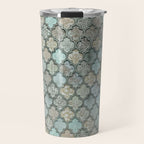 Old Moroccan Tiles Pattern Teal Beige Distressed Style Travel Mug Gallery Image 1