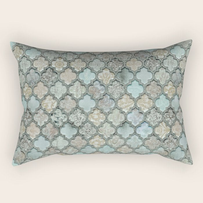 Old Moroccan Tiles Pattern Teal Beige Distressed Style Rectangular Pillow Gallery Image 2