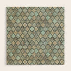 Old Moroccan Tiles Pattern Teal Beige Distressed Style Wood Wall Art Gallery Image 1