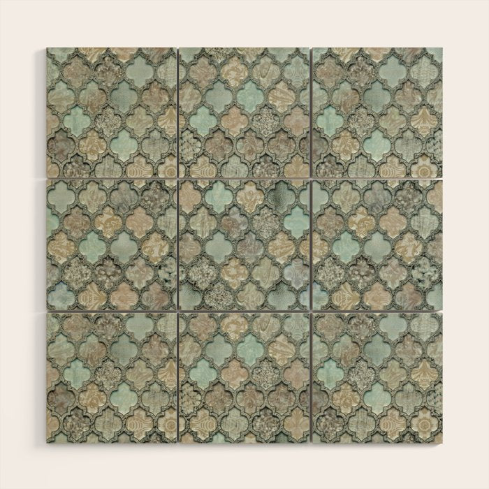 Old Moroccan Tiles Pattern Teal Beige Distressed Style Wood Wall Art Gallery Image 1
