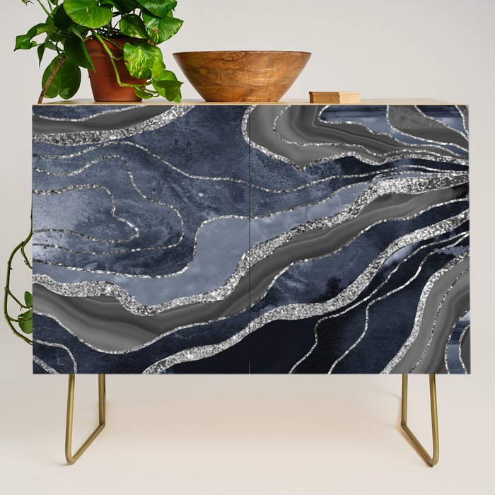 Navy Blue Black Marble Agate Silver Glitter Glam #1 (Faux Glitter) #decor #art #society6 Credenza Gallery Image 1