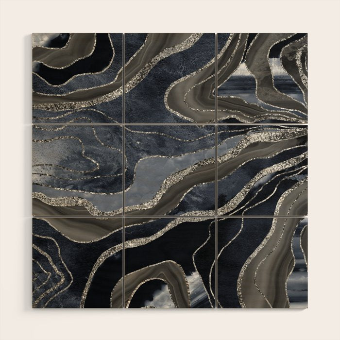 Navy Blue Black Marble Agate Silver Glitter Glam #1 (Faux Glitter) #decor #art #society6 Wood Wall Art Gallery Image 1