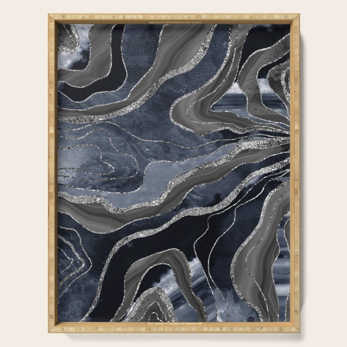 Navy Blue Black Marble Agate Silver Glitter Glam #1 (Faux Glitter) #decor #art #society6 Serving Tray Gallery Image 1