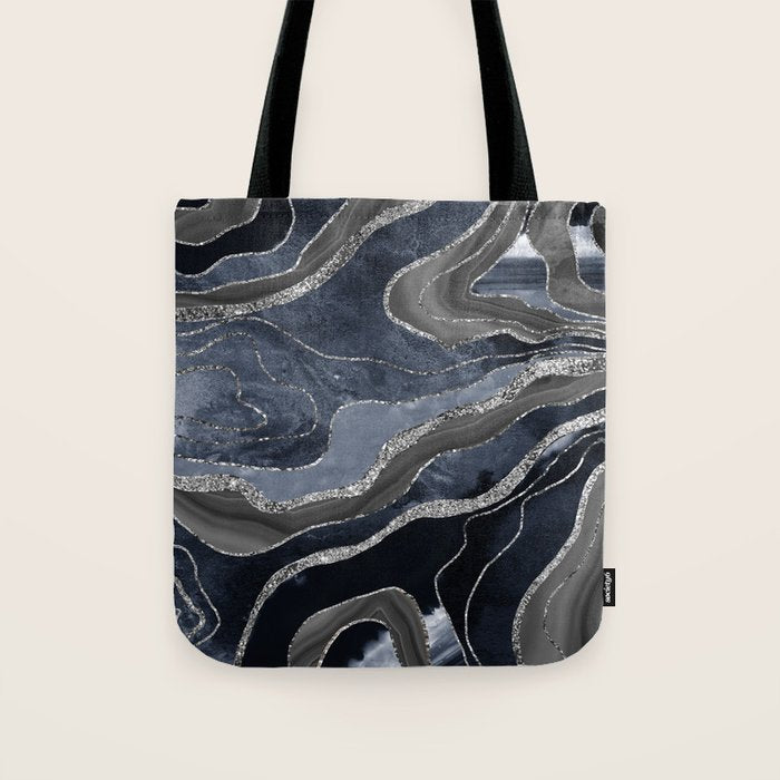 Navy Blue Black Marble Agate Silver Glitter Glam #1 (Faux Glitter) #decor #art #society6 Tote Bag Gallery Image 1