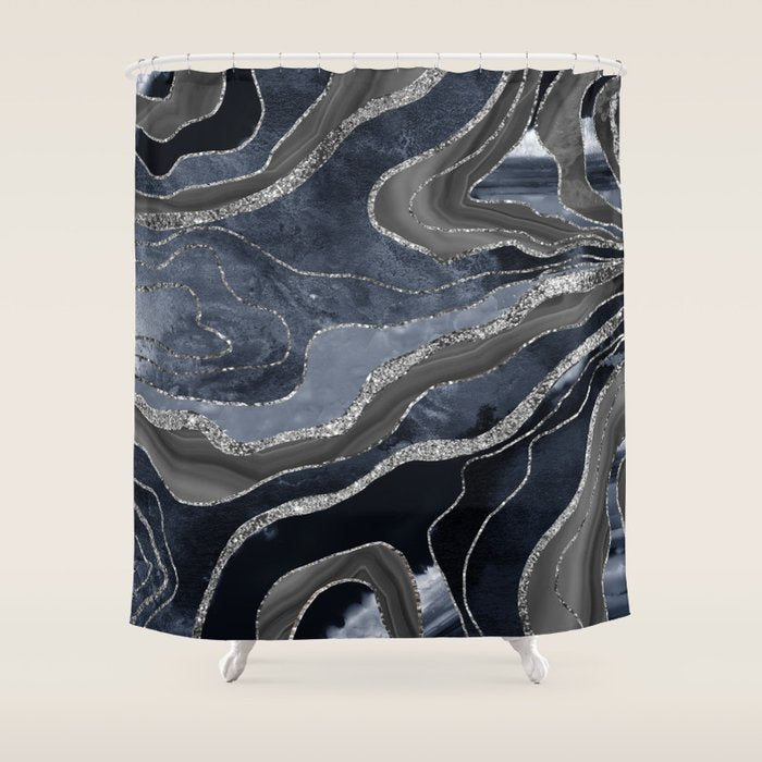 Navy Blue Black Marble Agate Silver Glitter Glam #1 (Faux Glitter) #decor #art #society6 Shower Curtain Gallery Image 1