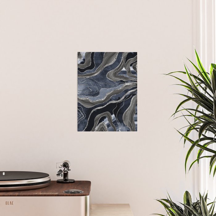 Navy Blue Black Marble Agate Silver Glitter Glam #1 (Faux Glitter) #decor #art #society6 Poster Gallery Image 2