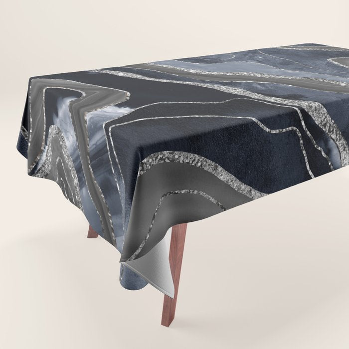 Navy Blue Black Marble Agate Silver Glitter Glam #1 (Faux Glitter) #decor #art #society6 Tablecloth Gallery Image 1