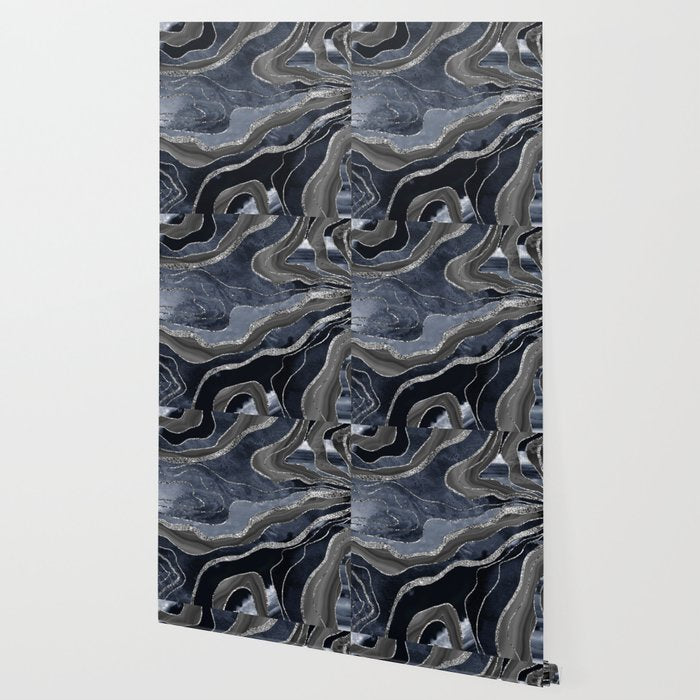 Navy Blue Black Marble Agate Silver Glitter Glam #1 (Faux Glitter) #decor #art #society6 Wallpaper Gallery Image 2