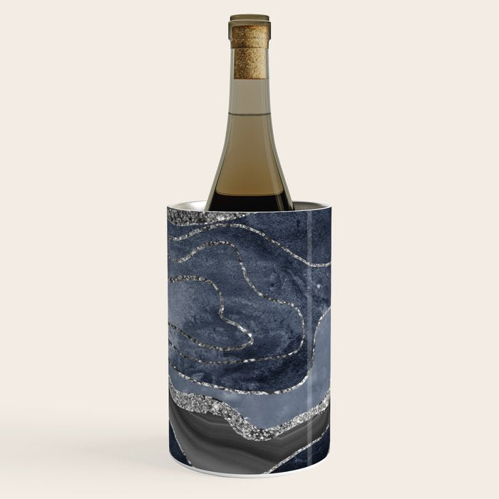 Navy Blue Black Marble Agate Silver Glitter Glam #1 (Faux Glitter) #decor #art #society6 Wine Chiller Gallery Image 2