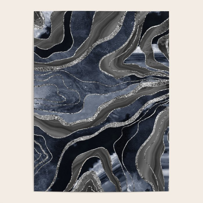Navy Blue Black Marble Agate Silver Glitter Glam #1 (Faux Glitter) #decor #art #society6 Poster Gallery Image 4