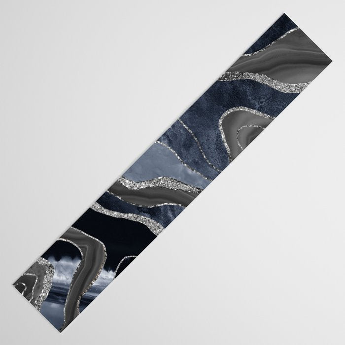 Navy Blue Black Marble Agate Silver Glitter Glam #1 (Faux Glitter) #decor #art #society6 Table Runner Gallery Image 3