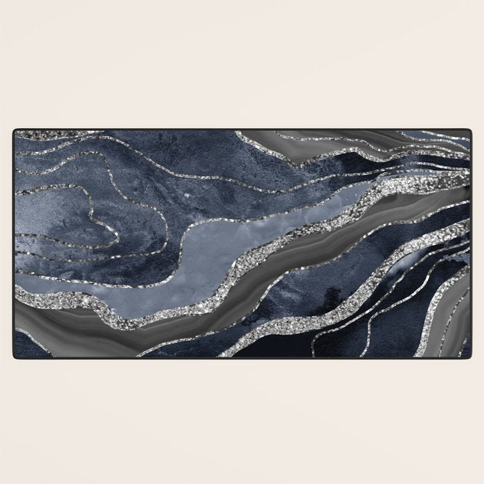 Navy Blue Black Marble Agate Silver Glitter Glam #1 (Faux Glitter) #decor #art #society6 Desk Mat Gallery Image 3