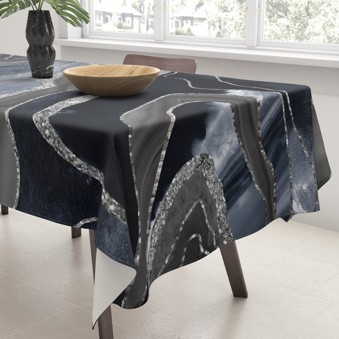 Navy Blue Black Marble Agate Silver Glitter Glam #1 (Faux Glitter) #decor #art #society6 Tablecloth Gallery Image 3