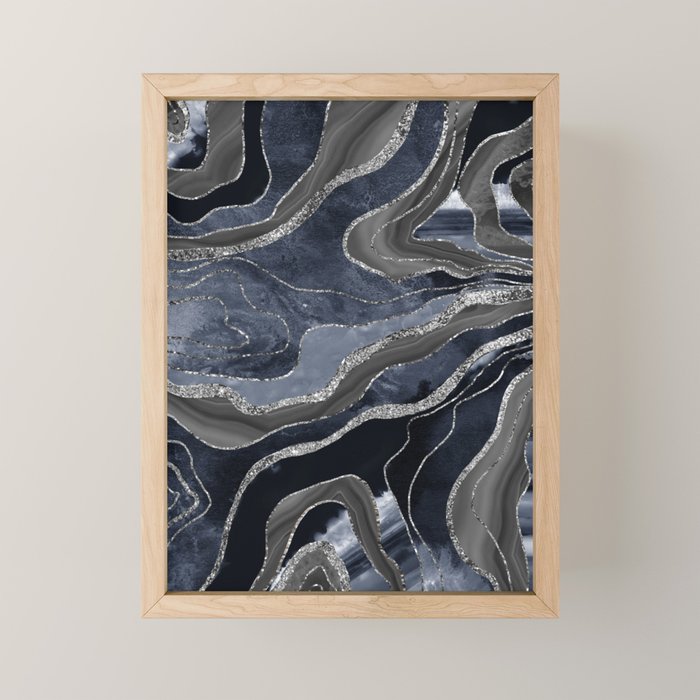Navy Blue Black Marble Agate Silver Glitter Glam #1 (Faux Glitter) #decor #art #society6 Mini Art Print Gallery Image 1