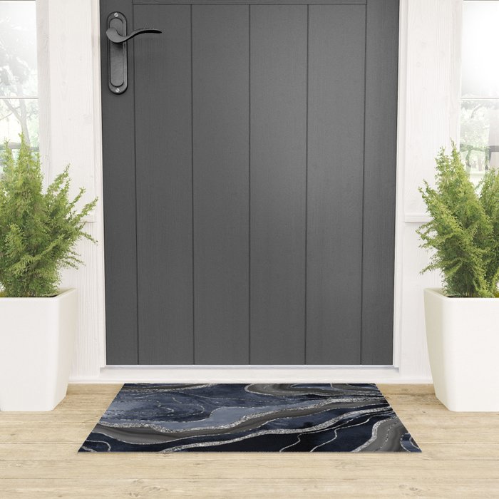 Navy Blue Black Marble Agate Silver Glitter Glam #1 (Faux Glitter) #decor #art #society6 Welcome Mat Gallery Image 3