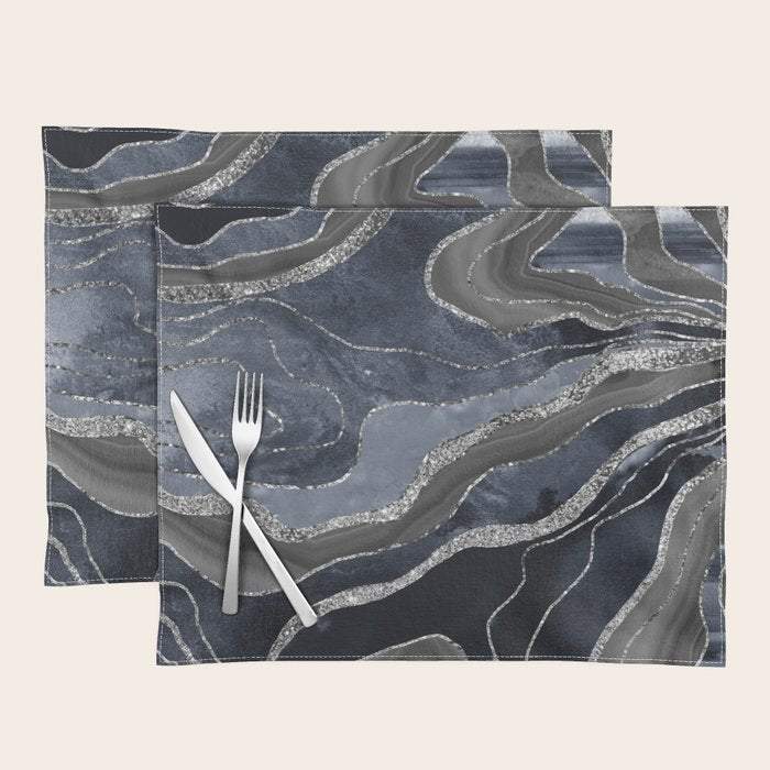 Navy Blue Black Marble Agate Silver Glitter Glam #1 (Faux Glitter) #decor #art #society6 Placemat Gallery Image 1