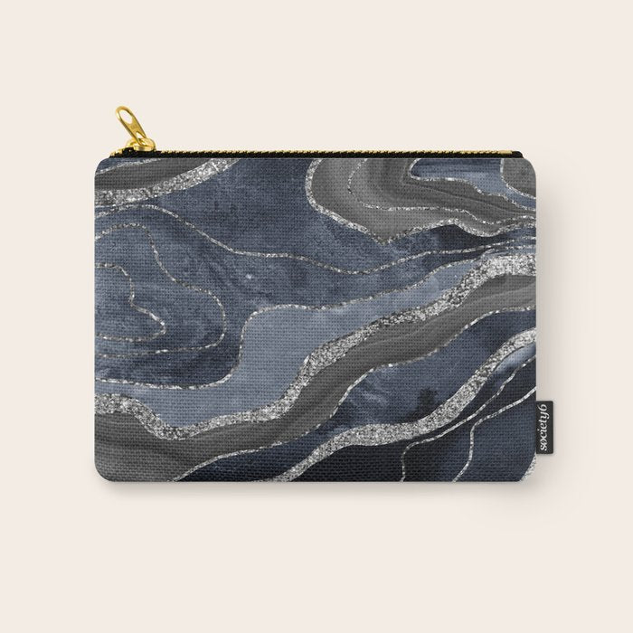 Navy Blue Black Marble Agate Silver Glitter Glam #1 (Faux Glitter) #decor #art #society6 Carry All Pouch Gallery Image 1