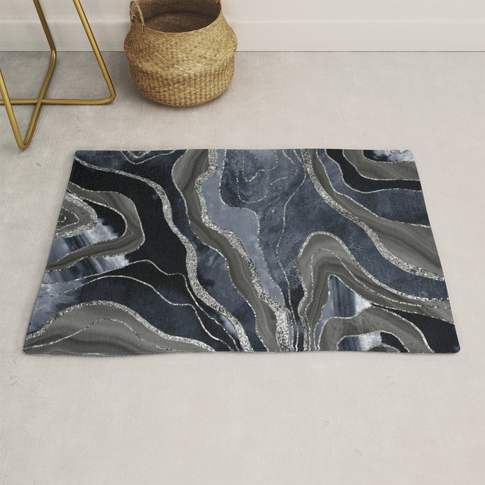 Navy Blue Black Marble Agate Silver Glitter Glam #1 (Faux Glitter) #decor #art #society6 Rug Gallery Image 1