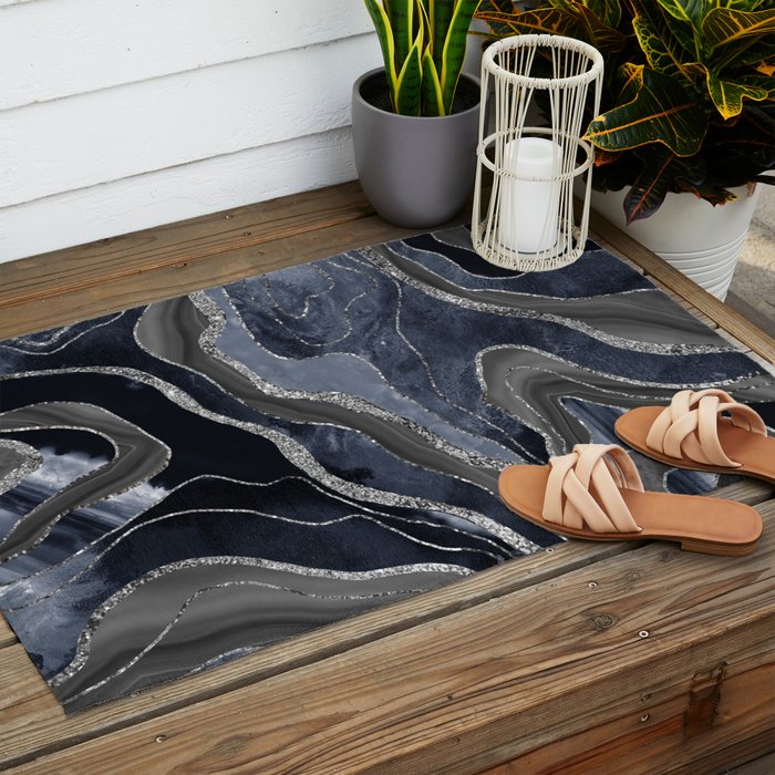 Navy Blue Black Marble Agate Silver Glitter Glam #1 (Faux Glitter) #decor #art #society6 Outdoor Rug Gallery Image 2