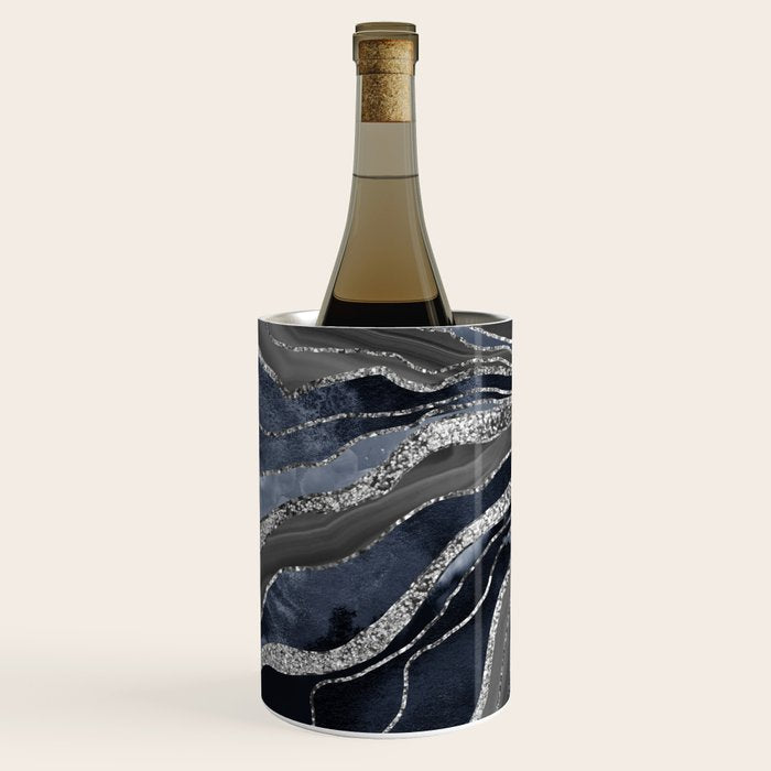 Navy Blue Black Marble Agate Silver Glitter Glam #1 (Faux Glitter) #decor #art #society6 Wine Chiller Gallery Image 3
