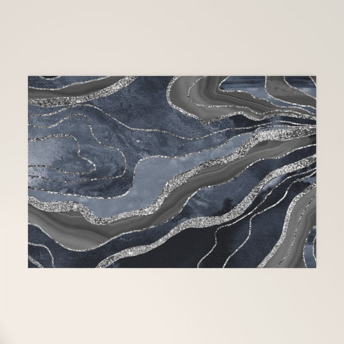 Navy Blue Black Marble Agate Silver Glitter Glam #1 (Faux Glitter) #decor #art #society6 Welcome Mat Gallery Image 1